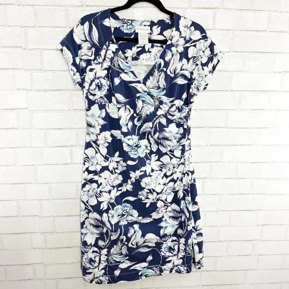 Soft Surroundings Blue Floral Faux Wrap Casual Dress Women's Size Medium